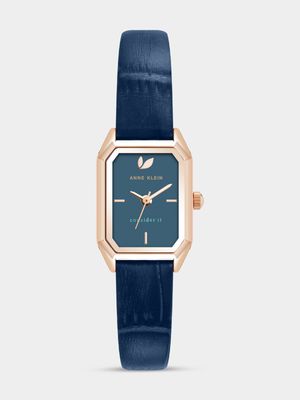 Anne Klein Rectangular Rose Plated Navy Leather Watch