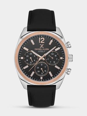 Daniel Klein Silver & Rose Plated Black Leather Chronographic Watch