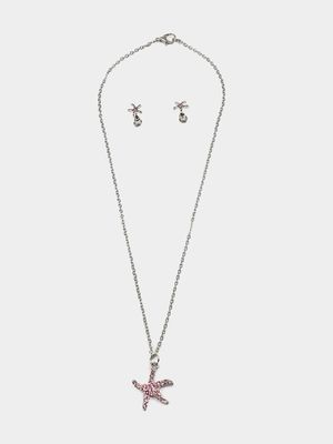 Girl's Silver & Pink Starfish Necklace & Earrings Set