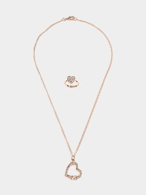 Girl's Rose Gold Heart Necklace & Ring Set