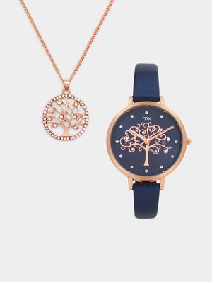 MX Women’s Rose Plated Indigo Faux Leather Watch & Tree Of Life Pendant Set