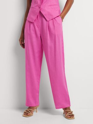 Linen Blend Straight Leg Pleated Pants