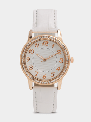 Women's White Round Diamante Watch