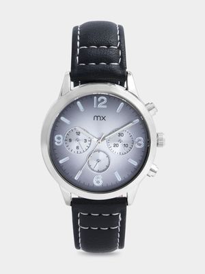 MX Silver Plated Charcoal Dial Black Faux Leather Watch