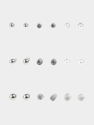 Girl's Silver 9-Pack Stud Earrings