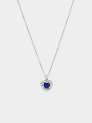 Sterling Silver Blue White Cubic Zirconia Heart In Heart Pendant