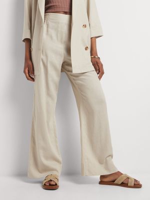 Linen Blend Wide Leg Elasticated Side Pants