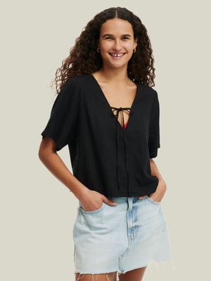 Women's Cotton On Black Haven Tie Front Short Sleeve Top