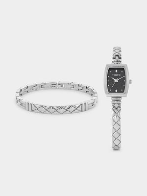 Tempo Silver Plated Black Dial Tonneau Bangle Watch & Bangle Set