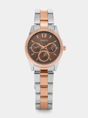 Tempo Women’s Silver & Rose Plated Coin Edge Brown Dial Bracelet Watch