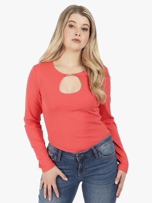 Women's Guess Coral Keyhole Morgen Woven Top