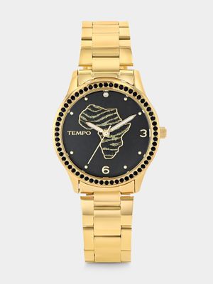 Tempo Gold Plated Black & Gold Tone Africa Dial Heritage Bracelet Watch