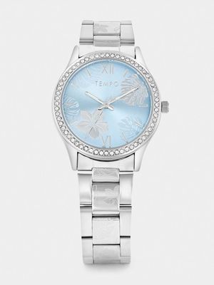 Tempo Silver Plated Blue Flower Dial Bracelet Watch