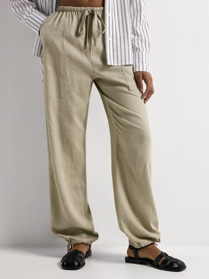 Linen Blend Wide Leg Utility Pants