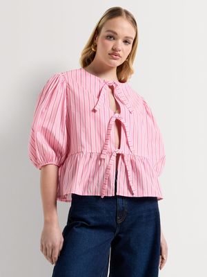 Y&G Poplin Tie Front Stripe Top