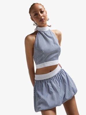 Women's Blue & White Co-Ord Halter Top With Ties