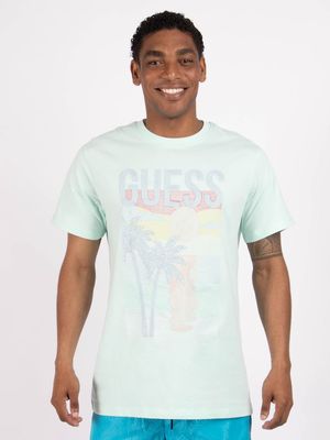 Men's Guess Blue  Palm Embro Soft Aqua T-Shirt