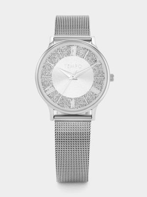 Tempo Silver Plated Silver Dial Mesh Watch