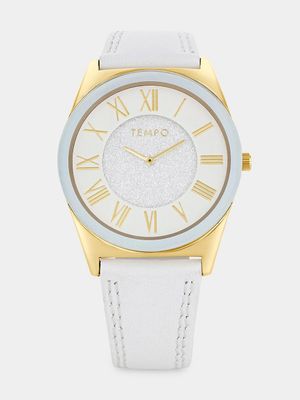 Tempo Women’s Gold Plated White Leather Watch