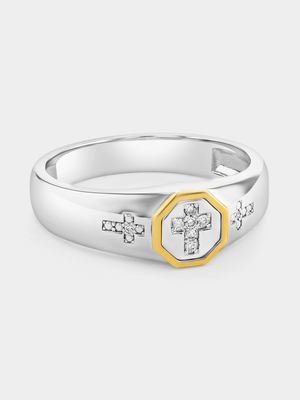 Yellow Gold & Sterling Silver Lab Grown Diamond Cross Ring