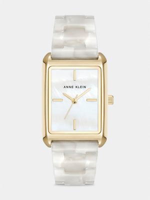 Anne Klein Ivory Mother Of Pearl Dial Gold Plated Rectangular Plastic Bracelet Watch