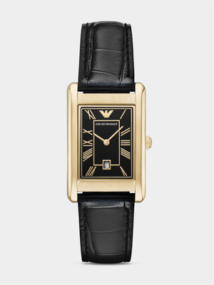 Emporio Armani Black Dial Gold Plated Stainless Steel Crocodile-Patterned Leather Watch