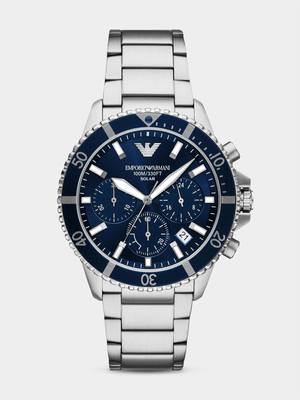 Emporio Armani Blue Dial Stainless Steel Solar Chronograph Bracelet Watch