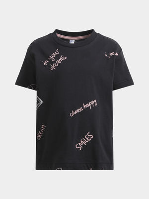 Younger Girl's Black Graffiti Print T-Shirt