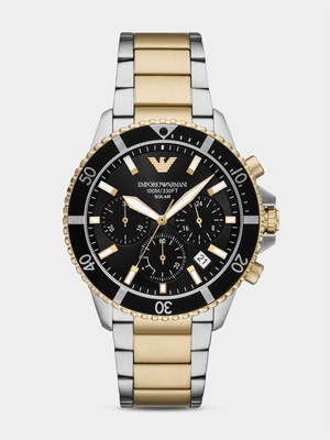 Emporio Armani Black Dial Two Tone Stainless Steel Solar Chronograph Bracelet Watch
