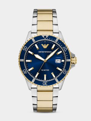 Emporio Armani Blue Dial Two Tone Stainless Steel Solar Chronograh Bracelet Watch