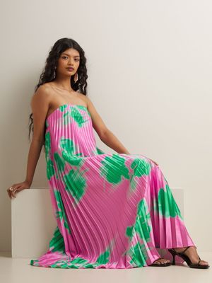 Women's Iconography Strapless Pleated Sunray Maxi