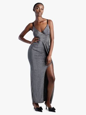 Women's Sissy Boy Silver Black Glam Maxi Wrap With Pleats Dress