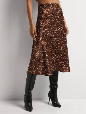 Elasticated Waist Bias Cut Leopard Midi Skirt