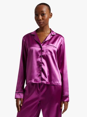 Satin Button Through Sleep Shirt with Piping