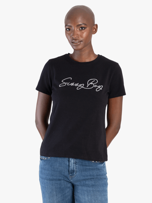 Women's Sissy Boy Black Regular Fit Bling Logo Top