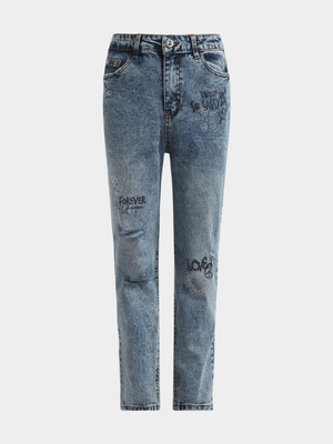 Jet Teen Girls Mid Blue Diamante Mom Jeans