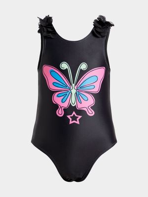 Jet Younger Girls Black Butterly Flower Strap 1 Piece Swimsuit