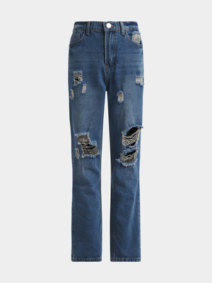 Jet Teen Girls Dark Blue Ripped Mom Jeans