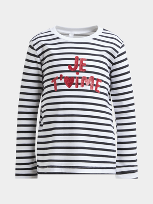 Younger Girl's Black & White Striped Graphic T-Shirt