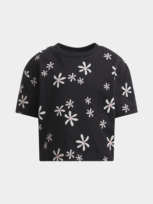 Younger Girl's Black Floral Boxy T-Shirt