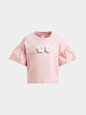 Younger Girl's Pink Graphic Ruffle Sleeve T-Shirt