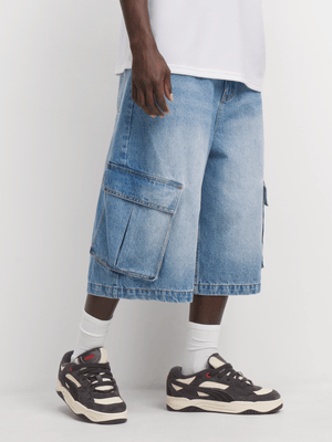 Men's Light Wash Denim Utility Baggy Shorts