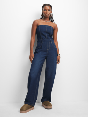 Women's Dark Wash Denim Barrel Jumpsuit