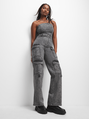 Women's Grey Cargo Pocket Denim Jumpsuit