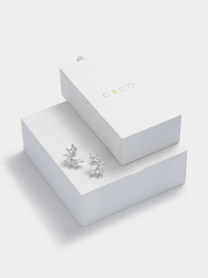 Rhodium Plated Cubic Zirconia Leaf Creeper Stud Earrings