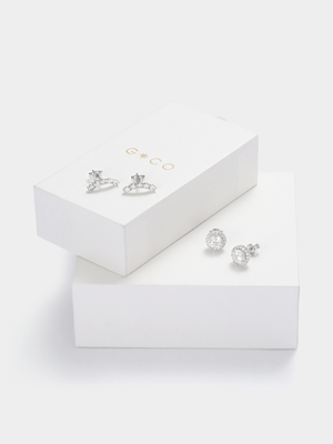 Rhodium Plated Cubic Zirconia Stud & Climber Earrings 2-Pack Set