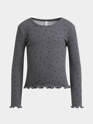 Older Girl's Grey Heart Rib Top