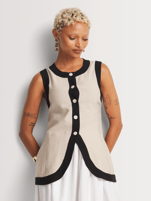 Button Through Textured Contrast Vest