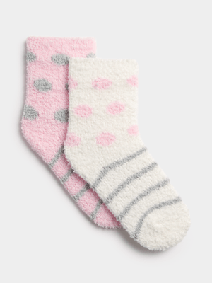 Jet Younger Girls Pink/White 2 Pack Fluffy Socks