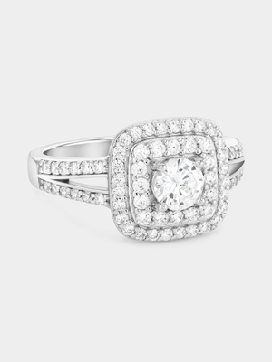 Sterling Silver Cubic Zirconia Cushion Double Halo Ring